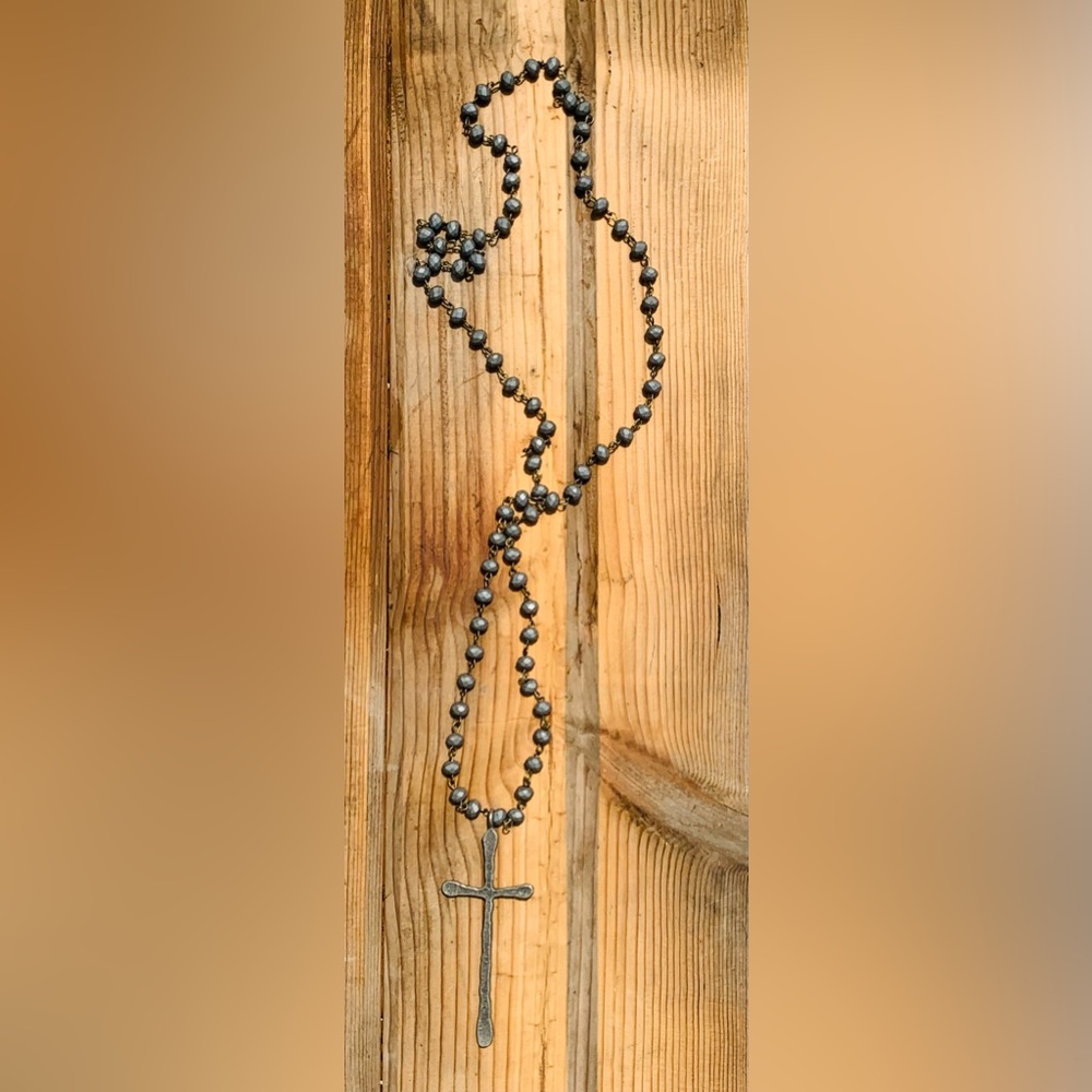 Long Silver Beaded Cross Necklace